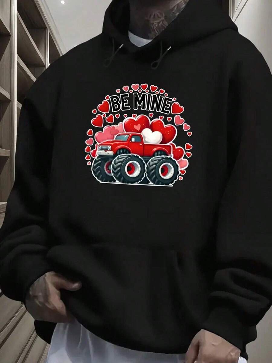 Men's Oversized Hooded Sweatshirt - Vibrant Red BE MINE Graphic Print With Monster Truck & Hearts, Geometric Pattern Hip-Hop Streetwear, Machine Washable Casual Pullover For Autumn Winter,Fall Hoodies,Men's Fall Clothes,Street Wear,Halloween,Mens Hoodies,Y2k Clothes,Jesus Hoodie,Thanksgiving Day,Nightmare Before Christmas,Christmas - 黑色 - 查看 1