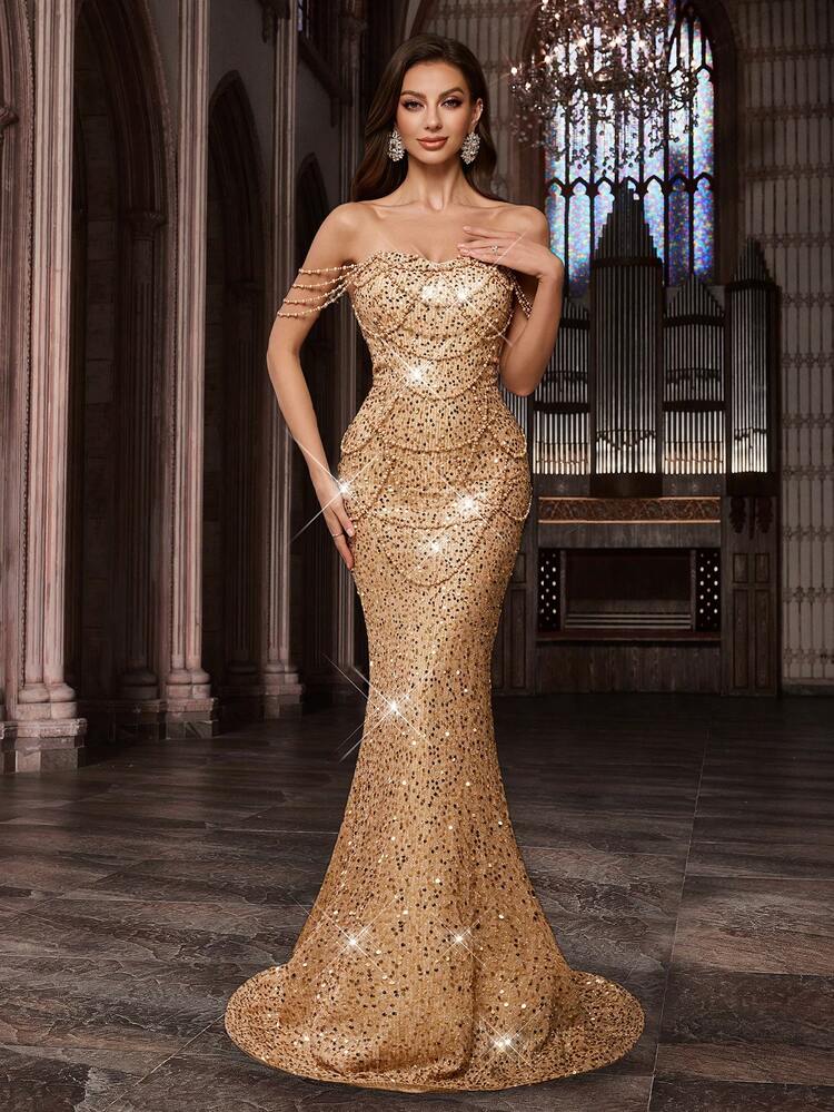 Glamorous Sequin Party Formal Dress, Shiny Beaded Women's Evening Gown, Suitable For Charity Ball, Birthday Party, Gala Dinner, Cocktail Party, Etc., Solid Color Backless Mermaid Hem Dress Wedding Spring - Champagne - View 3