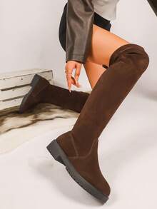 Stivali al ginocchio  nuovi per l'autunno/inverno 2025, stivali lunghi versatili e confortevoli, stile retrò minimalista a tinta unita, stivali da equitazione con gambale alto ed elastico per le donne - Castano - Visualizzare 6