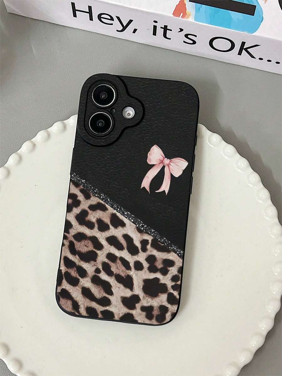 1 pezzo Custodia per telefono con stampa leopardata, fiocco, finitura opaca e pupilla nera anti-caduta, compatibile con Samsung, Apple 16/15/14/13/12/11/XSMAX/X/XS/XR/7PLUS/8PLUS/7/8/S21/22/23/24/25