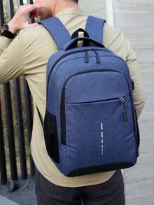 Mochila casual de moda para hombres con diseño de tira reflectante y USB a prueba de agua - Azul - Ver 3