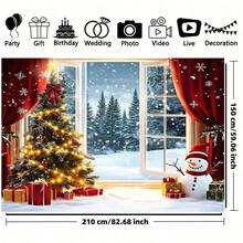 1 pieza de Fondo plano 2D de Navidad. Diseño de fondo con árbol de Navidad, muñeco de nieve y ventana de piso a techo. Tela de poliéster duradera, adecuada para decoración de pared interior, fondo de fotografía, decoración navideña exterior, estudio fotográfico, decoración de fiesta interior