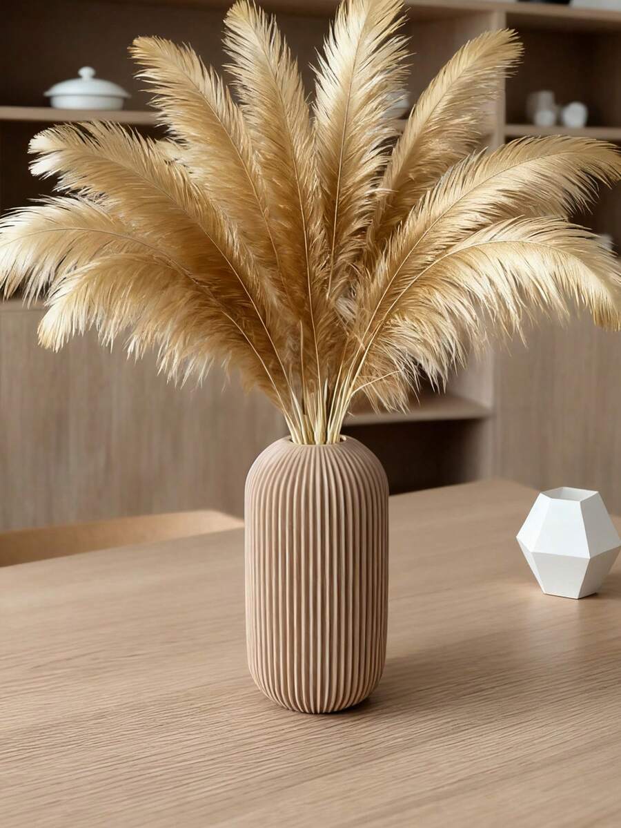 1个仿陶瓷纹理塑料花瓶,适用于人造蒲苇草,北欧农舍风格,米色圆柱形,条纹细节,装饰摆件,家居装饰,适用于客厅、婚礼、春季餐桌装饰 - 彩色 - 查看 1