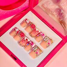 NailLuxe 10 PCS Handmade Duckbill Press - On Nails | SweetStarGlam With Acrylic Star Rhinestones, Swirl Patterns & Crystal Accents - Red and White - View 3