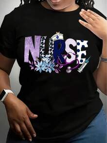 Women's Nurse Graphic Print T-Shirt - -Themed Leopard Spot & Splatter Paint Design, Short Sleeve Crew Neck Casual Top, Breathable Machine-Washable Tee For Spring & Summer, Nurse Shirts, Summer Cl - 黑色 - 查看 1