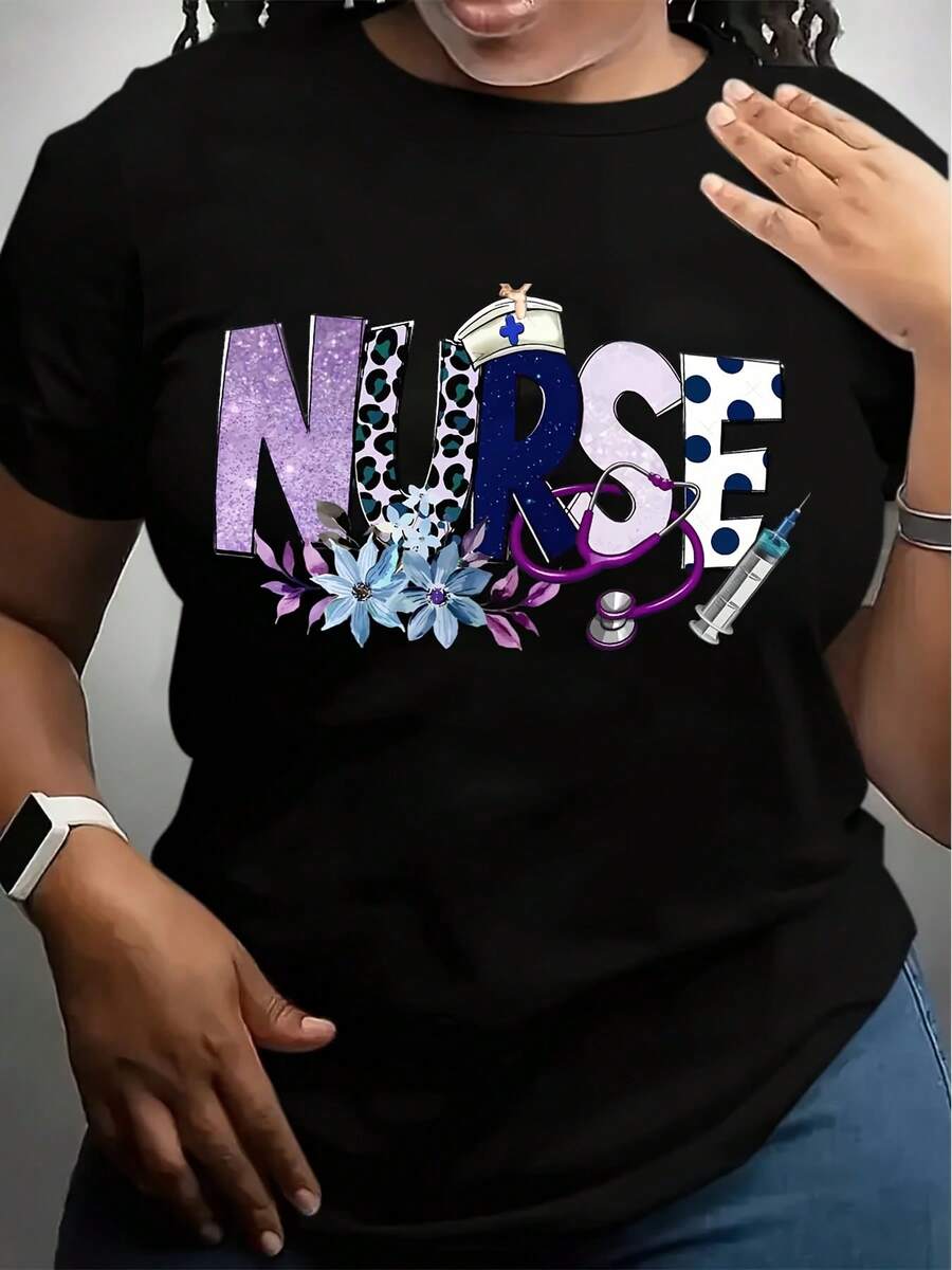 Women's Nurse Graphic Print T-Shirt - -Themed Leopard Spot & Splatter Paint Design, Short Sleeve Crew Neck Casual Top, Breathable Machine-Washable Tee For Spring & Summer, Nurse Shirts, Summer Cl - 黑色 - 查看 1