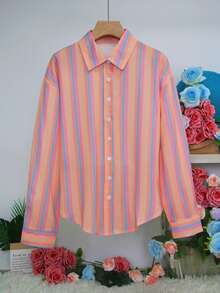 优雅女士商务休闲女装，彩虹条纹印花修身女式衬衫