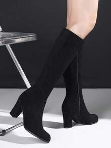 Women's Sexy Versatile Black Suede Thigh High Boots, Chunky Heel Knee High Boots With Side Zipper, Elegant Mid-Heel Long Boots For Commuting & Office, Autumn/Winter,Party - Black - View 5