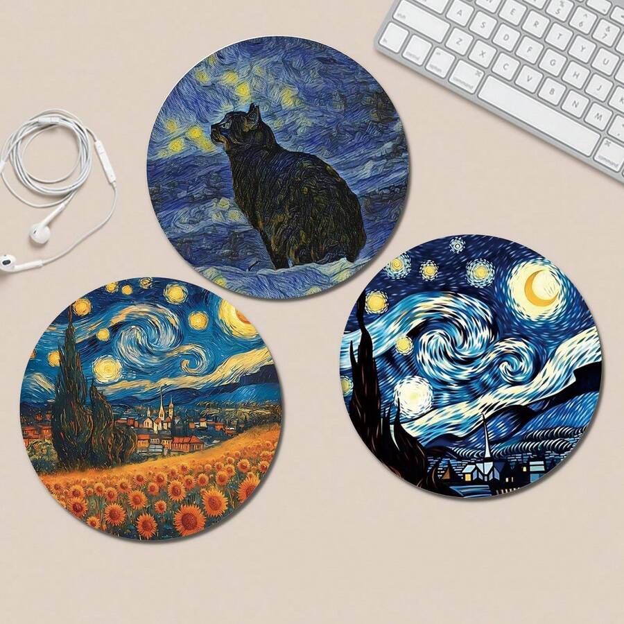 星空草编星空猫可爱鼠标垫，办公桌圆形鼠标垫，小型迷你旅行鼠标垫带防滑橡胶底座，直径 7.87 英寸适用于工作无线电脑笔记本电脑，办公桌配件单个 47g - 彩色 - 查看 1