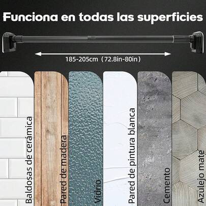Tubo para Cortina de Baño, Barra de Cortina de Ducha 185-205cm, Cortinero Ajustable Antideslizante de Acero Inoxidable, Palo para Cortina y Curtain Rod Sin Taladrar para baño, recamara(negro).