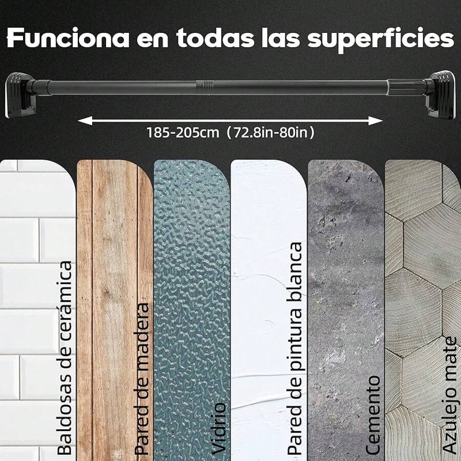Tubo para Cortina de Baño, Barra de Cortina de Ducha 185-205cm, Cortinero Ajustable Antideslizante de Acero Inoxidable, Palo para Cortina y Curtain Rod Sin Taladrar para baño, recamara(negro). - Negro - Ver 1