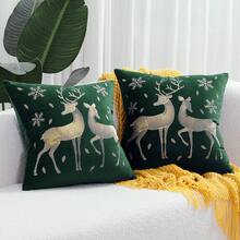 1pc Velvet Embroidered Pillowcase, White Reindeer Decorative Cushion Cover For Sofa, 18*18inch, Dark Green - Dark Green - View 9
