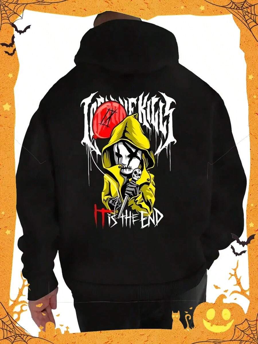 Men'S Ice Nine Kills Heavy Metal Anime Graphic Hoodie - Japanese Kanji & Red Circle Back Print Sweatshirt, Soft Warm Winter Pullover With Front Pocket, Loose Fit Streetwear For Men,Fall Hoodies,Men's Fall Clothes,Street Wear,Halloween,Mens Hoodies,Y2k Clothes,Jesus Hoodie,Thanksgiving Day,Nightmare Before Christmas,Christmas - 黑色 - 查看 1