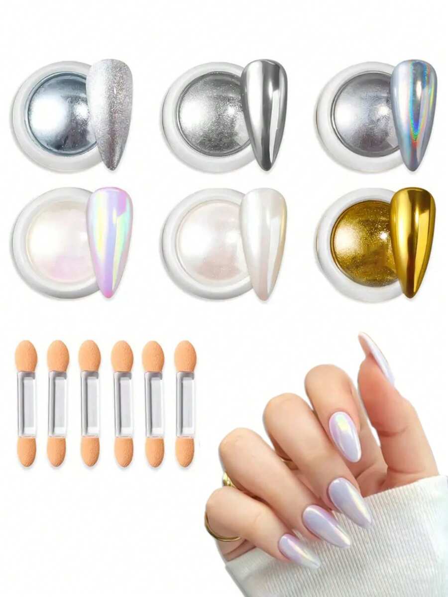 6色镀铬指甲粉，闪金闪银，打造超强金属效果，适用于指甲装饰。内含白色珍珠粉套装，适用于凝胶指甲油。美甲用品，美甲师必备，包含指甲粉、美甲配件、指甲亮粉、指甲装饰等。
