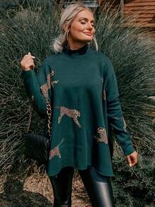 女士豹纹高领落肩针织毛衣 - 墨綠色 - 查看 4