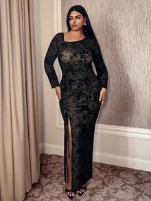 Doriss Plus-Size Style Floral Print Satin Split Hem Side Drawstring Prom Dress, Elegant Dress, Wedding Season, Essential, Black Dress, Suitable For Dinner, Old Money, Autumn & Winter, Homecoming, Halloween, Date Night Outfits Women