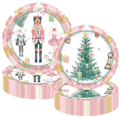 10 件/20 件/40 件/50 件，粉色胡桃夹子 7 英寸和 9 英寸格子纸盘 - 圣诞主题一次性餐盘套装粉色格子设计，胡桃夹子图案，适合家庭聚会圣诞餐桌装饰、圣诞晚餐