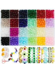 Glass Beads Kit, Mix Colors Glass Round Beads Kit For Jewelry Making, DIY Friendship Bracelet Necklace Earrings Crafts Gifts, Dual Colorful Crack Beads