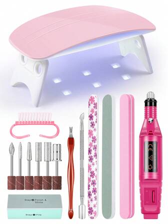 coscelia 10 piezas Juego de herramientas para arte de uñas - Lámpara de uñas y taladro de uñas, Taladro eléctrico mini USB rosa con 6 brocas para taladro de uñas, Lámpara UV/LED para uñas, Adecuado para manicura casera DIY para mujeres, regalo para salón