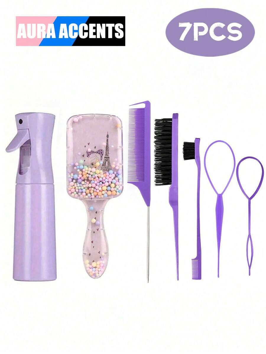 7pcs/6pcs/5pcs/4pcs/2pcs/1pc Square Comb Spray Bottle Set, Cartoon Iron Tower Printing Anti-Static Plastic Comb, Portable Pattern Hair Pulling Needle, High-Pressure Atomization Spray Bottle, Suitable For Girls, Ordinary Hair, Durable ABS Handle, Lovely Square Design, Hairdressing Tool Set ,Hair Styling Tools ,Hair Styling Kit