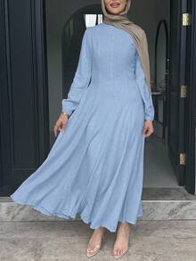 Elegant Solid Color Waist Cinched Long Dress For Commuting - Baby Blue - View 2