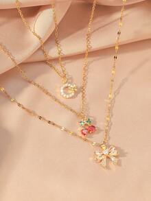 3pcs/Set! Elegant Sparkling Rhinestone Butterfly & Cherry Pendant Necklace Set, Suitable For Girls Daily, Dates, Parties, Gifts, Vacations, Banquets And Everyday Wear