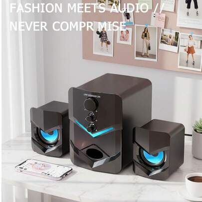 Loa để bàn âm thanh nổi 2.1 chất lượng cao có đèn LED chiếu sáng xung quanh - Nguồn điện USB, Giắc cắm âm thanh 3,5 mm, Kết nối có dây cho PC, Máy tính xách tay, Máy tính bảng, Máy chơi game & Thiết bị MP3/MP4, Thiết kế hiện đại với điểm nhấn màu xanh, Loa di động