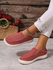 1 Pair Women's Casual Slip-On Canvas Sneakers, Solid Color PU Low-Top Outdoor Leisure Hiking Lightweight Flat Shoes - Orange - View 3