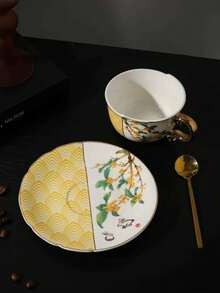 1 set de tasses et soucoupes en céramique avec motif grue et osmanthe, ensemble de tasses à lait/café asymétriques avec bordure dorée de luxe, convient pour la maison, le restaurant, le café, la pâtisserie, les cadeaux, les fêtes