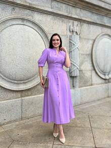 MARRANT PLAIN MIDI DRESS Simple Button Contrasted Waist WOMEN'S SUMMER FASHION - tử đinh hương - Xem 2