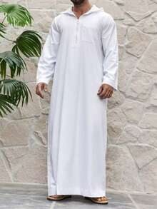 Muslim Men's Solid Color Casual Zip-Up Half-Placket Long Sleeve Hooded Traditional Arabic Robe - White - View 1