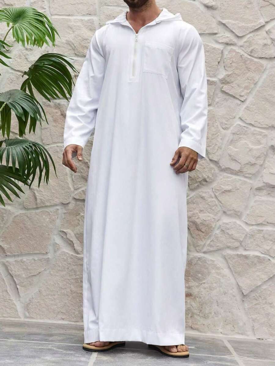 Muslim Men's Solid Color Casual Zip-Up Half-Placket Long Sleeve Hooded Traditional Arabic Robe - White - View 1