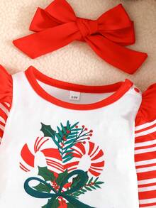 2pcs/Set Baby Girls' Christmas Element Print Long Sleeve Jumpsuit With Headband - Multicolor - View 10