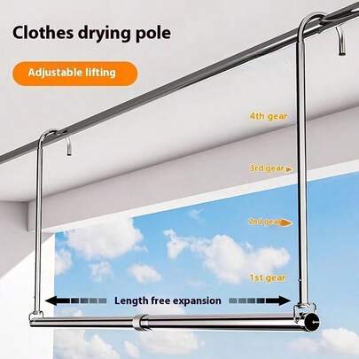 可调节不锈钢晾衣架 - 无钻孔安装，壁挂式，伸缩式阳台护栏，配备第四档长度定制功能，非常适合家庭洗衣及晾衣使用。