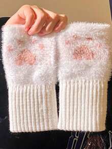 1 Paar Mink-Fleece Weiche Winter Halbfinger Handschuhe für Damen, warm, luxuriös, einfarbig weiß, flauschig gestrickt, fingerlos, Handgelenkstulpen