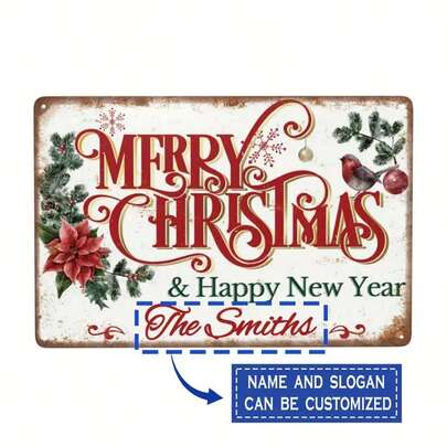 Customized Christmas Aluminum Sign Personalized Happy Christmas And New Year Metal Wall Decoration Can Be Customized In Name, Suitable For Room Decoration, Home Decoration, Bedroom, Porch Door Decoration, Christmas Gift Wall Decoration.