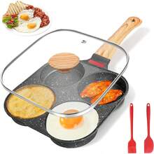 Sartén Multifuncional de Cuatro Agujeros, Sartén Antiadherente de Cuatro Agujeros para Hamburguesas (Negro) con Tapa de Vidrio, Sartén de Aluminio con Cepillo y Espátula de Silicona - blanco - Ver 6