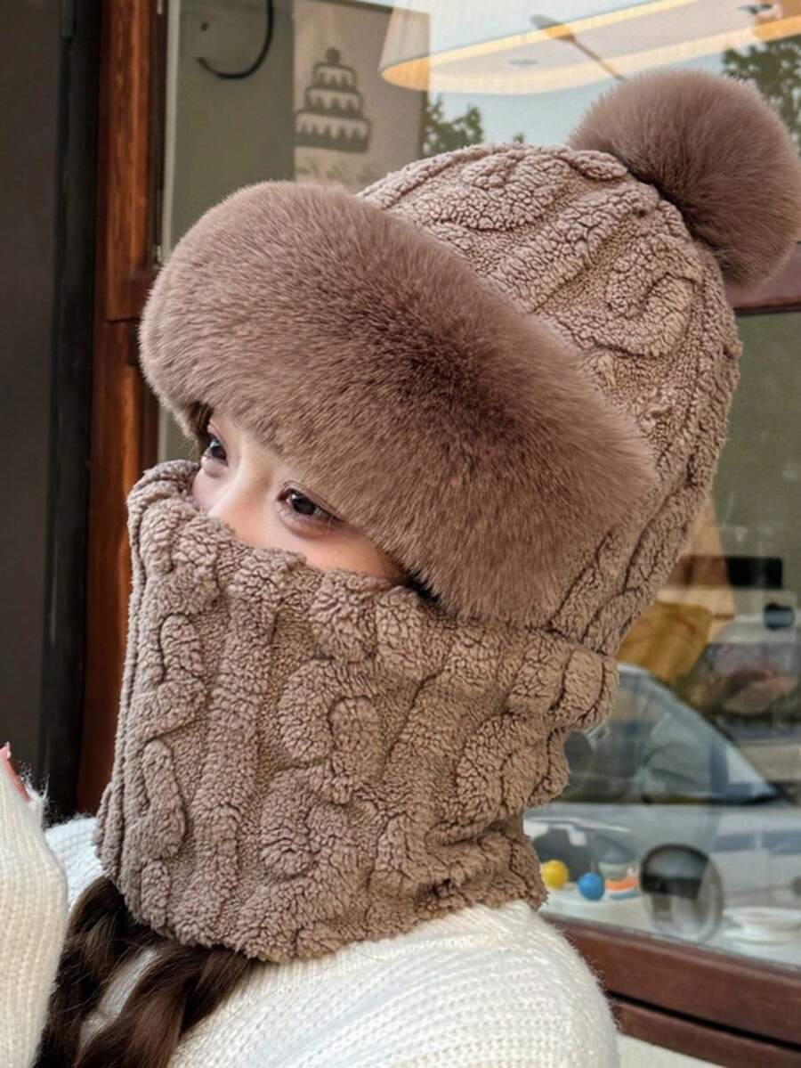 1pc Women's Autumn And Winter Plush Pullover Hat, Outdoor Cycling Warm And Windproof Face Mask, Integrated Neck Hat, With Plush Ear Protection And Wrapped Head For Warmth Winter Warm