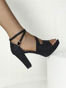 春夏女士舒适厚底露趾踝带高跟凉鞋，优雅舒适，适合日常、派对、时尚、度假等各种场合 - 黑色 - 查看 4