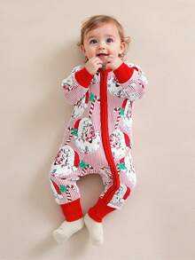 Christmas Santa Claus Print Infant Jumpsuit For Baby Boys & Girls - Red and White - View 1