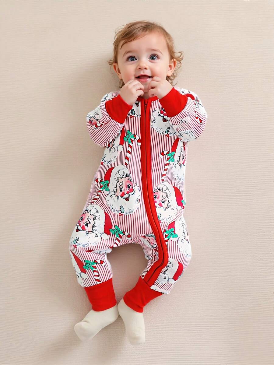 Christmas Santa Claus Print Infant Jumpsuit For Baby Boys & Girls - Red and White - View 1