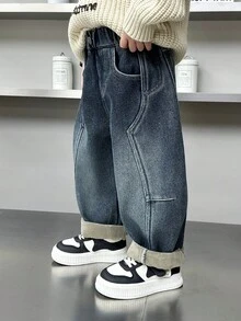 Young Boys' Loose Fit Thermal Lined Thick Denim Jeans, Suitable For Casual, School, Outdoor Wear In Autumn/Winter - Blue - View 4