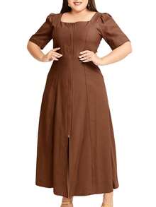 Women's Midi Dress Casual Party Plus Size Short Sleeve Elegant Tailoring - Rust Brown - View 1
