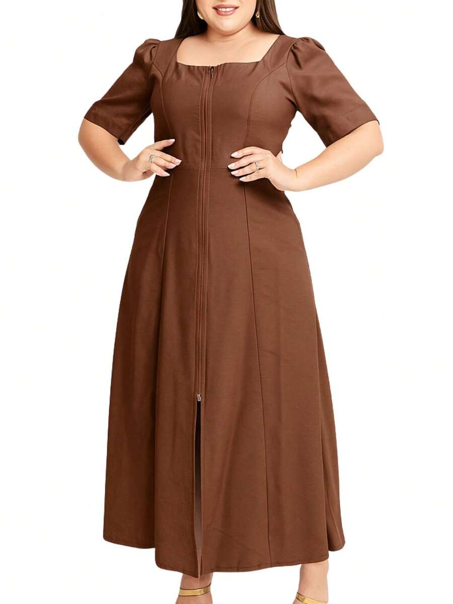 Women's Midi Dress Casual Party Plus Size Short Sleeve Elegant Tailoring - Rust Brown - View 1