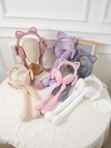 1pc Cute Plush Rabbit Ear Muffs With Shimmery Movable Ears, Warm Ear Covers Suitable For School, Party Outfit - Solid Color - View 4