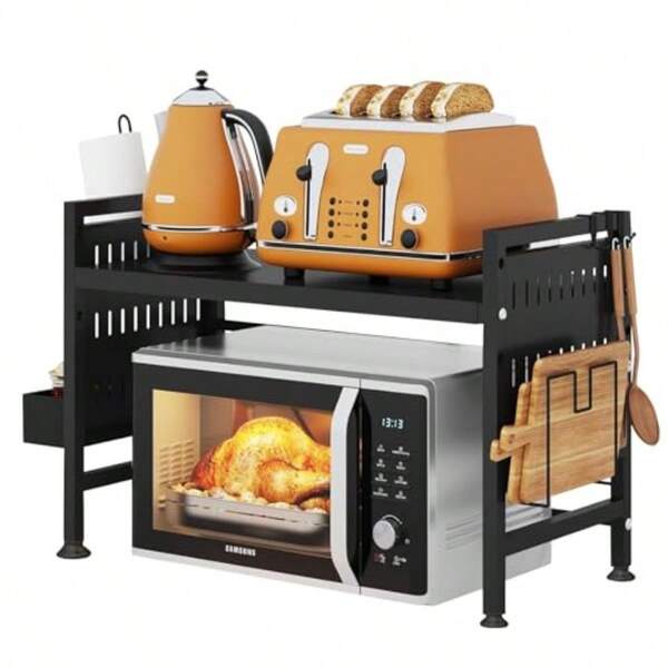 Extendable Microwave Stand 2Tier Microwave Shelf With Cutting Boards Stand For Kitchen Storage And Organisation Heavy Duty Microwave Oven Rack Countertop With 3 Hooks