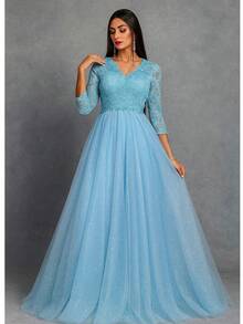 Long Party Dress For Godmother, Discreet Graduation, EF Pattern, Long Sleeve - 藍色寧靜 - 查看 1