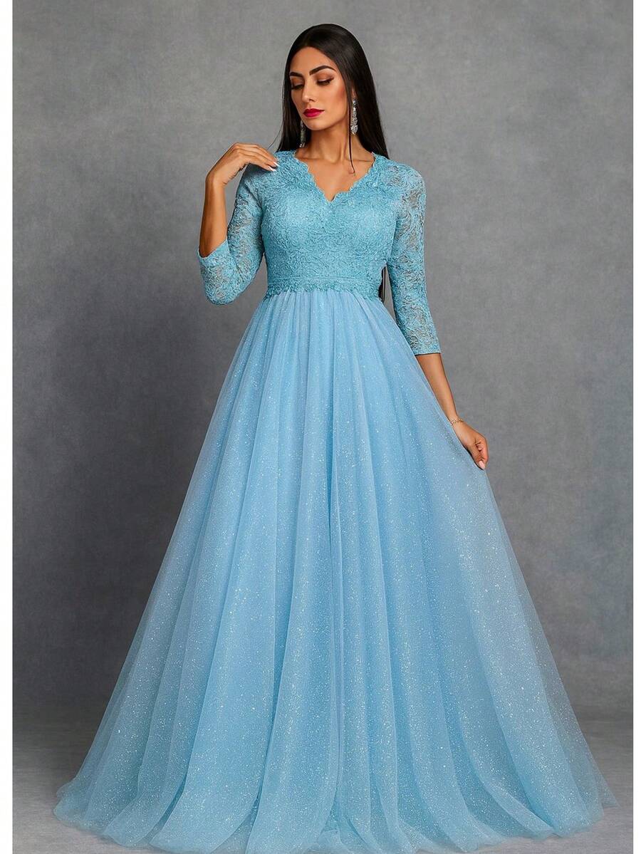 Long Party Dress For Godmother, Discreet Graduation, EF Pattern, Long Sleeve - 藍色寧靜 - 查看 1