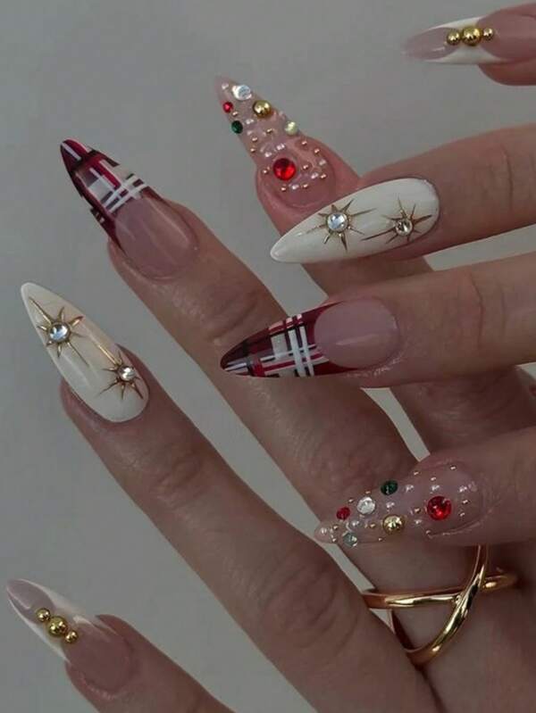 24-Piece Christmas Nail Art Press On Nail - Red, White, And Plaid Designs With Christmas Tree, Jewel Accents, And Festive Embellishments - Stiletto Shaped Full-Cover Fake Nails For Women -Perfect For Christmas Parties And Holiday Celebrations