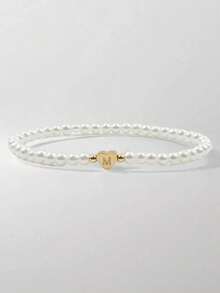 1pc Elastic Faux Pearl Letter A M Elegant Bracelet For Women (Handmade Beaded, Bead Quantity May Vary Slightly)